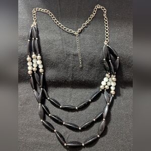 Silver Tone Black And White Beaded Layered Chunky Oversized Statement Necklace